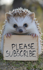 Hedgehog holding a board that says please subscribe generated by AI