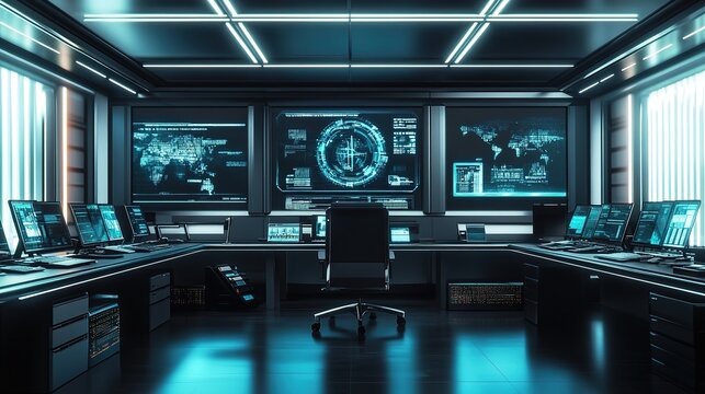 Futuristic control room with advanced digital screens and interf