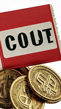 A red ticket with the word COUT on it is on top of some gold coins