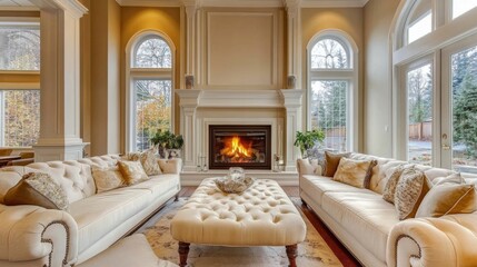 Fototapeta premium Elegant living room with stylish furniture and fireplace