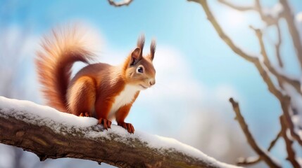 Fototapeta premium A red squirrel perched on a snow-covered branch against a bright winter sky.