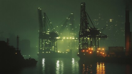 A misty night cityscape with a harbor and cranes silhouetted against a glowing city skyline.