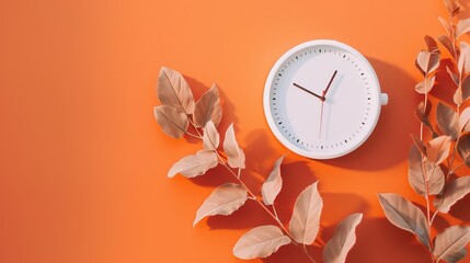 White clock on orange background with autumn leaf. Summer time end and fall season coming. Clock turn backward to winter time. Autumn equinox. Daylight saving time ends 4k image 