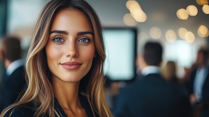 Businesswoman presenting in a conference room, diverse team of colleagues listening attentively, projector screen in the background, professional office setting, serious atmosphere