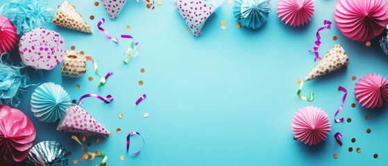 Fototapeta premium A blue background with a bunch of party decorations including paper cones