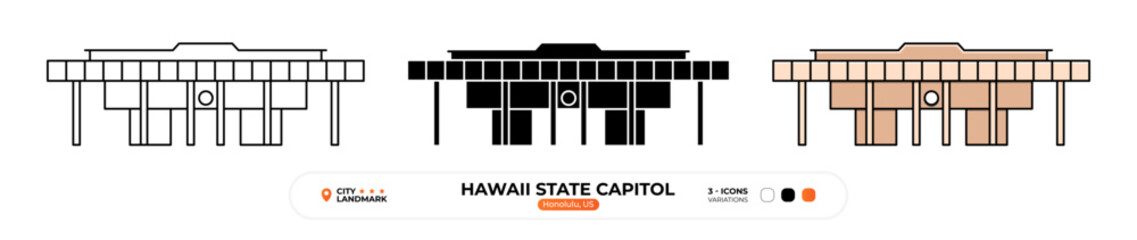 Hawaii State Capitol Line Icon. Honolulu, Us Color Symbol, Silhouette, Sign, Editable Stroke.