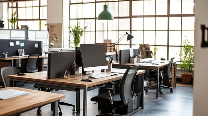 Fototapeta premium Modern office interior with empty chairs and computers.