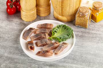 Sliced salted herring fillet snack