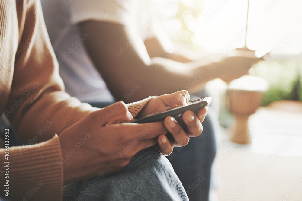 Poster app, hands and phone with couple in living room of home for communication or search closeup. network