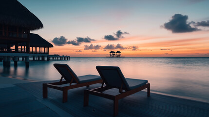Tranquil beach setting with two lounge chairs facing a serene ocean at sunset, overwater bungalows in the background, and a colorful sky with clouds.
