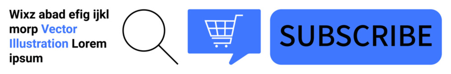 Shopping cart, magnifying glass, subscribe button with lorem ipsum text. Ideal for online shopping, product search, user engagement, newsletter sign-up, e-commerce, subscription services, digital