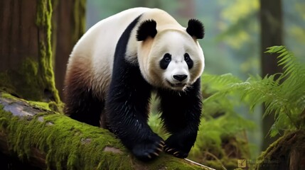 Fototapeta premium A giant panda walking on a mossy log in a lush forest, showcasing its natural habitat.