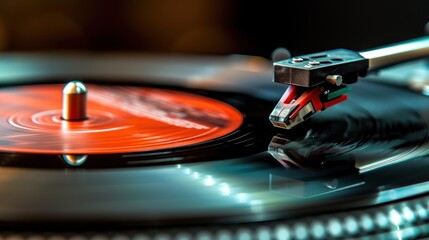 A vinyl record spins gracefully on a sleek turntable in a softly lit minimalist space, creating a tranquil atmosphere