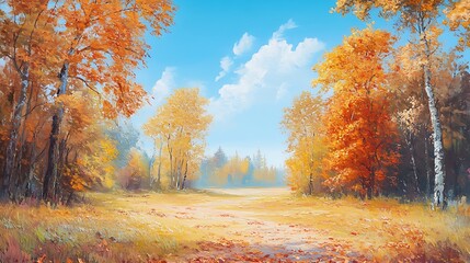 Peaceful autumn landscape with colorful trees, fallen leaves, and a clear blue sky