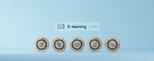 E-learning program certificate and online education learning workshop training.Male and female students icons virtual screen and Video lesson online classes on the internet.