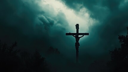 A powerful image of Jesus Christ on the cross with a dark stormy sky, symbolizing sacrifice and redemption