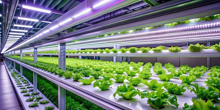 Hydroponic farm with LED lighting growing fresh lettuce