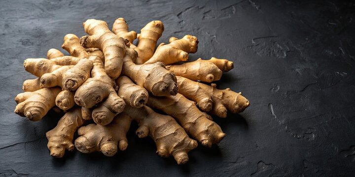 Organic ayurvedic dry ginger roots on black background, sonth, adrak, whole, organic, natural, ayurvedic, spice