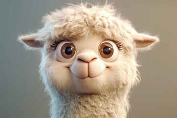 A Close-Up Portrait of a Smiling White Alpaca with Big Brown Eyes