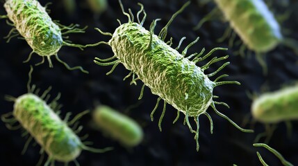 Naklejka premium Close-up view of bacteria with flagella in a microscopic environment.