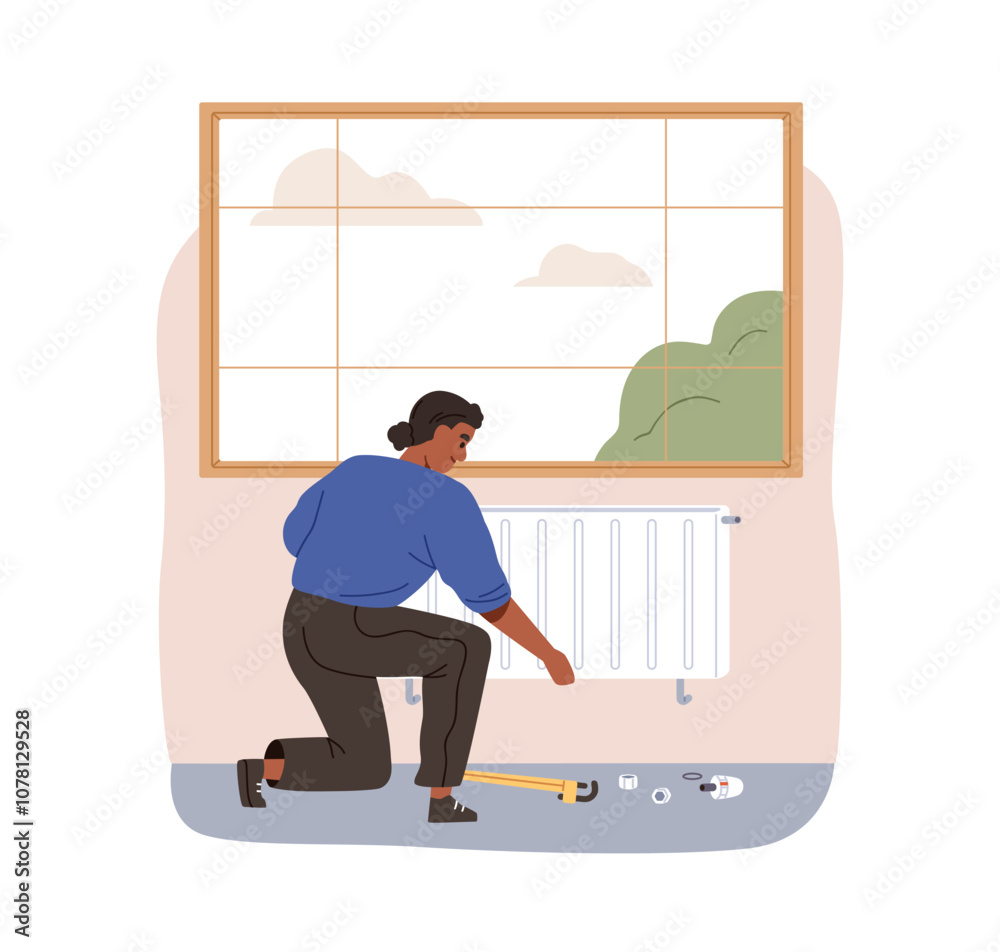 Poster radiator installation. worker installing heating system, checking, fixing and repairing. professiona