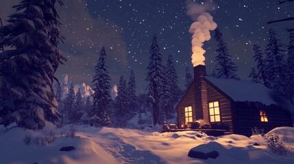 Naklejka premium A cozy cabin covered in snow, nestled in a forest under a starlit sky. Smoke rises from the chimney, and warm light glows from the windows, creating a comforting contrast with the cold night.