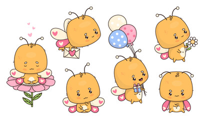 Funny butterfly characters set. Meditating on flower, flying with letter, festive with gift, balloons and sad unhappy insect. Isolated cute cartoon kawaii animal. Vector illustration. Kids collection