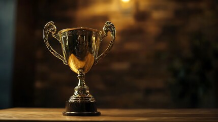 Golden Trophy on Wooden Table