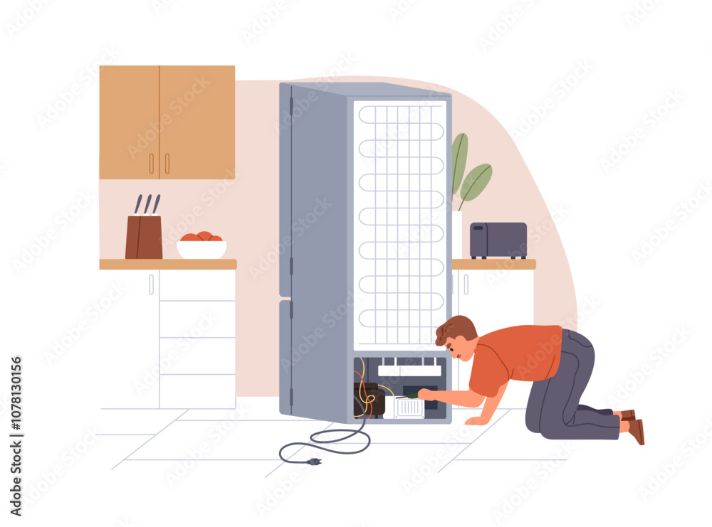 Poster refrigerator repair service. technician checking and fixing broken fridge appliance in kitchen. repa
