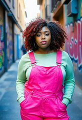 Fototapeta premium Beautiful African American Plus Size Woman in Pink Jumpsuit