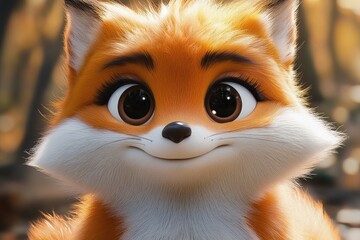 Obraz premium Close-up Portrait of a Cute Cartoon Fox with Large Eyes