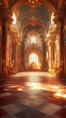 Obraz premium Sunbeams illuminate a grand, opulent cathedral interior with ornate gold and marble details.
