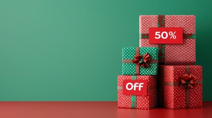 A festive display of colorful wrapped gifts with discount labels, perfect for holiday shopping.