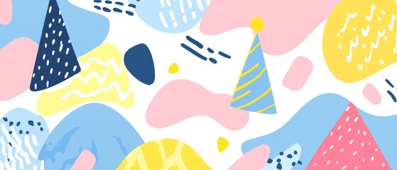 A colorful background with a bunch of different shapes and a party hat