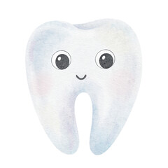 Baby tooth Smile Kawaii Character. Healthy Molars. Kids Teeth. Isolated hand drawn watercolor kids illustration. Clipart for pediatric dentistry, Oral hygiene, products of dental health care