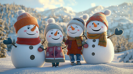 family of snowmen in winter outfits on a snowy day, happy family of snowmen in winter costumes, funny snowmen in the snow, generative ai