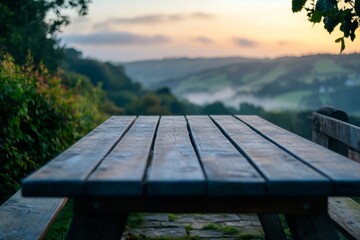 Naklejka premium A wooden table in a serene landscape. Soft light filters through the trees. Perfect for outdoor gatherings. A tranquil space for reflection. Generative AI.