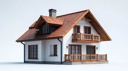 A modern two-story house with a white exterior, brown trim, and a balcony. There are large windows and doors leading to a patio, and a car is parked in the driveway.