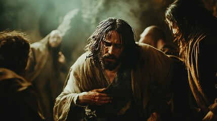 Obraz premium A powerful scene of Jesus lifting a fallen person, symbolizing his compassion and care for the brokenhearted