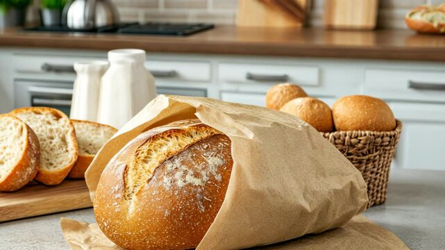 A fresh loaf of bread sits wrapped in a brown paper bag on a kitchen counter