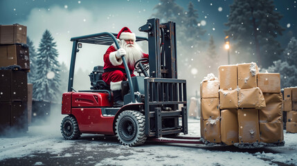 A man in a santa claus suit driving a forklift truck in the snow