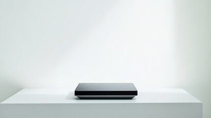Minimalist black device on white shelf with copy space
