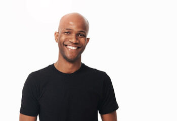 Portrait, smile and black man in studio for business, creative job and opportunity on white...