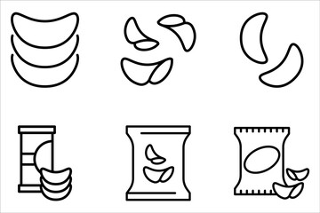 Potato chips line icon set. Salty snacks on white background