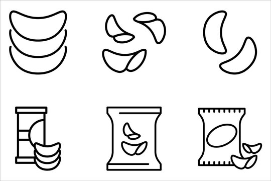 Potato chips line icon set. Salty snacks on white background