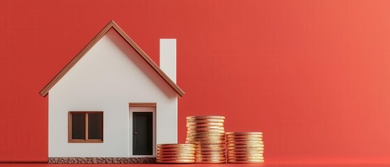Property loan paperwork, realistic home model and coins, 3D illustration