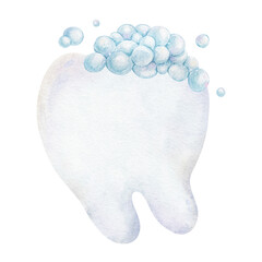 Tooth with soap sud, gentle bubbles foaming toothpaste on the teeth. Oral hygiene. Isolated hand drawn watercolor kids illustration for pediatric dentistry, products of dental health care