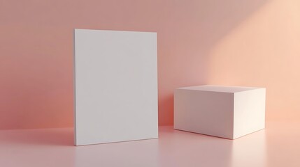A minimalist scene featuring a blank vertical panel and a cube on a soft pink surface, ideal for mockups.