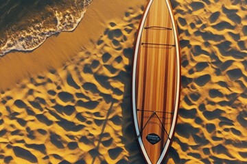 Fototapeta premium A wooden paddleboard lies on a sandy beach with gentle waves lapping at the shore.