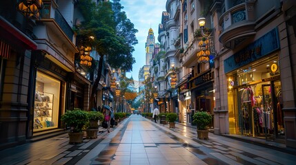 Fototapeta premium A Narrow Street Lined with Shops in Shanghai, China